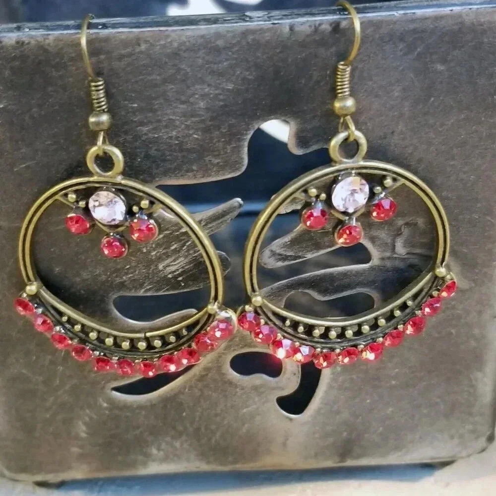 Steampunk Victorian Red Pink Rhinestone Circle Dangle Earrings Antique Brass